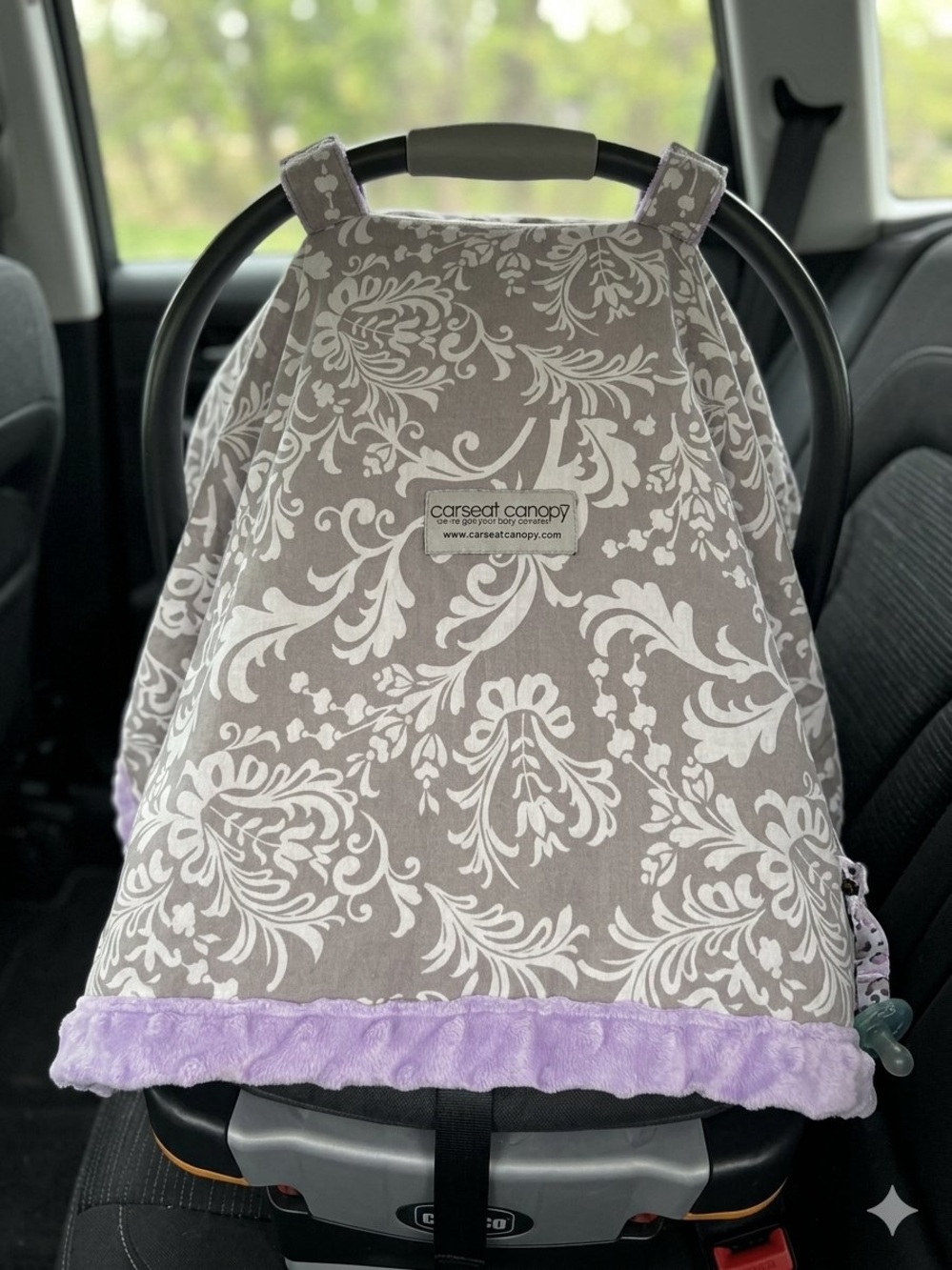 Canopy Gray and White Floral Infant Car Seat Cover with Lavender Trim
